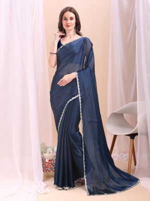 XOOM LADY Solid/Plain Bollywood Jimmy choo Saree(Blue)
