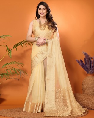 SIRIL Dyed, Woven, Self Design Banarasi Organza Saree(Cream)