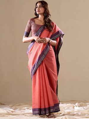 Anouk Rustic Woven Daily Wear Cotton Blend Saree(Red, Brown)