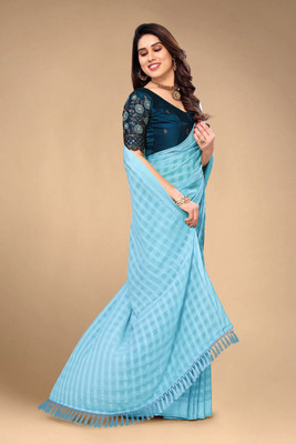 saanvi Checkered, Self Design Bollywood Chiffon Saree(Light Blue)