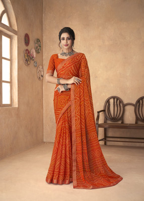 Divastri Floral Print, Geometric Print, Digital Print, Printed Bandhani Chiffon Saree(Orange)