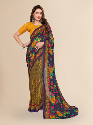 Anand Sarees Printed Daily Wear Georgette Saree(Yellow, Dark Blue)