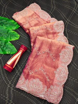AMBUJAINTERNATIONAL Embroidered Bollywood Jimmy choo Saree(Orange)