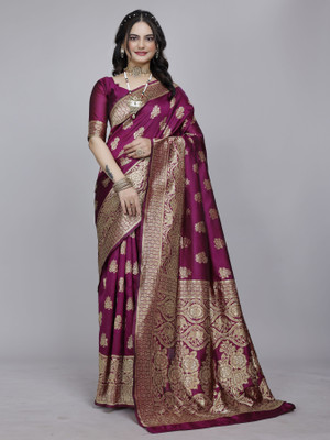 SOMVATI Self Design, Woven, Embellished Kanjivaram Art Silk, Jacquard Saree(Magenta)