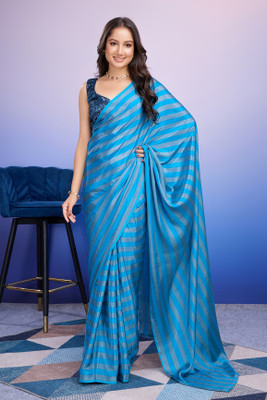 Rachna Striped Pre Draped Saree Satin Saree(Light Blue)