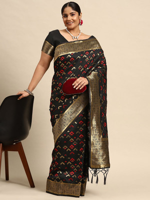 Sztori Woven Banarasi Silk Blend Saree(Black)