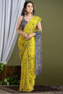 HouseOfCommon Printed Handloom Cotton Silk Saree(Yellow)