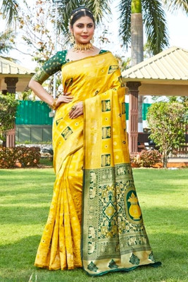 R.V.FASHION Printed Banarasi Cotton Silk Saree(Yellow)