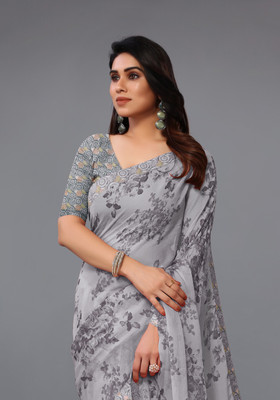 MIRCHI FASHION Printed, Floral Print Bollywood Chiffon, Georgette Saree(Grey)