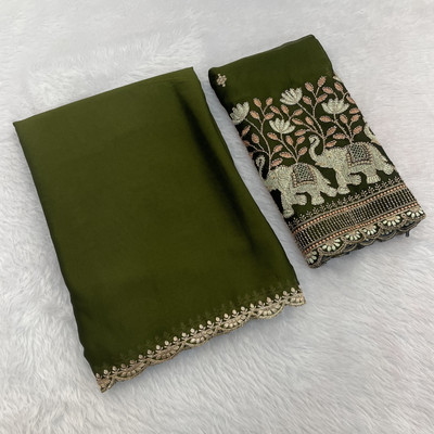 NEELMADHAV FASHION Solid/Plain, Embroidered Bollywood Art Silk Saree(Green)