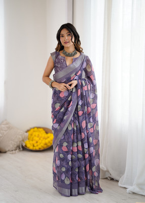 TUSHREE BOUTIQUE Printed Bollywood Linen Saree(Blue)