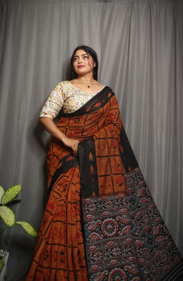 Joyguru Textile Printed Sambalpuri Cotton Blend Saree(Orange)