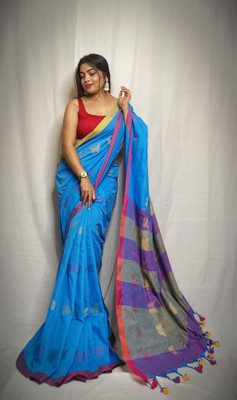 binita Self Design Handloom Cotton Blend Saree(Blue)