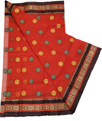 SHRISTI CLOTHINGS Embroidered Tant Pure Cotton Saree(Brown)