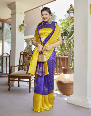 YASHIKA Printed Kanjivaram Cotton Silk, Jacquard Saree(Purple)