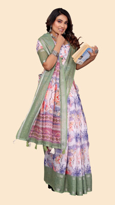 Shreeji Designer Digital Print Bollywood Cotton Linen Saree(Green, Blue)