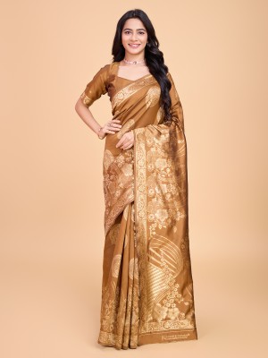 RICH & ROMAN Embellished, Woven Banarasi Jacquard, Pure Silk Saree(Mustard)