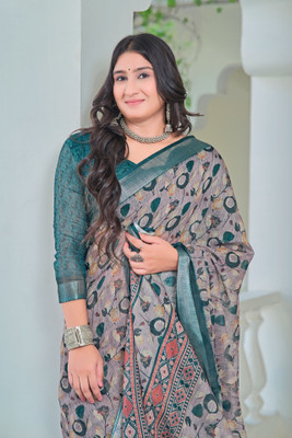 Vinayak Textile Printed Bollywood Linen Saree(Green)