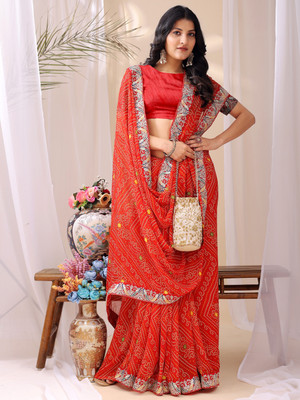 Leelavati Striped, Embroidered Bandhani Georgette Saree(Orange)