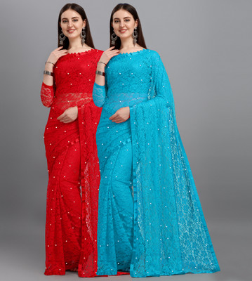 LOROFY Self Design Bollywood Net, Brasso Saree(Pack of 2, Multicolor)