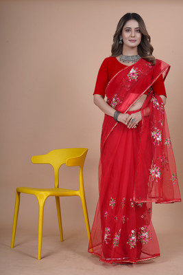 AVSAR TRENDZ Embroidered Bollywood Net Saree(Red)