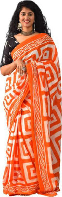 Clothonus Printed Ikkat Pure Cotton Saree(Orange)