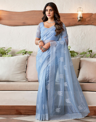 all about you Dyed, Embroidered Bollywood Organza Saree(Blue)