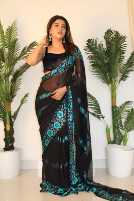 HouseOfCommon Printed Bollywood Georgette, Satin Saree(Light Blue)