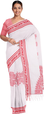 Biswa Bangla Solid/Plain Handloom Pure Cotton Saree(White)