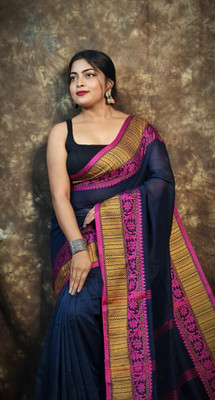 Roy saree center Woven, Embroidered, Geometric Print, Self Design, Temple Border Sambalpuri Pure Cotton Saree(Dark Blue)