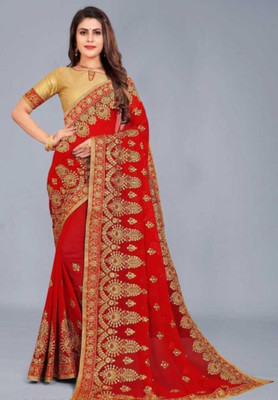 MIYANIFAB Embroidered Bollywood Georgette Saree(Red)