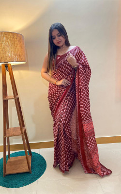 JASU CREATION Printed Handloom Pure Cotton Saree(Maroon)