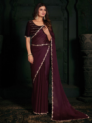 ANOUK Solid/Plain Daily Wear Polyester Saree(Brown)