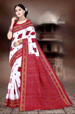 ETHNIC ODISHA HANDLOOM Printed, Digital Print, Geometric Print, Checkered, Polka Print, Graphic Print Sambalpuri Pure Cotton Saree(White, Red)