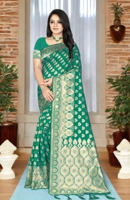 ALMEDA Woven Kanjivaram Silk Blend, Jacquard Saree(Green)