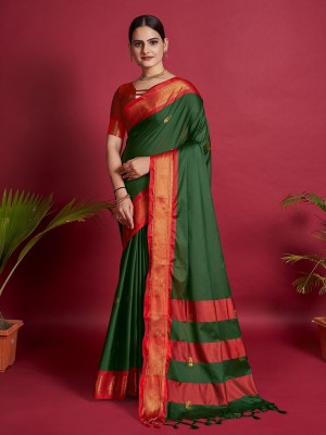 WEYLIN Woven Kanjivaram Jacquard, Pure Silk Saree(Dark Green)