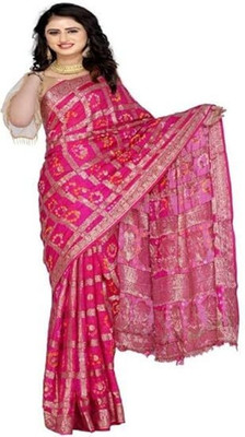 TMT HUB Printed Banarasi Cotton Linen Saree(Pink)