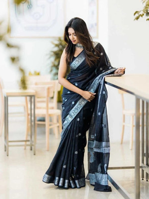 Divastri Woven, Embellished Banarasi Linen, Pure Cotton Saree(Black)