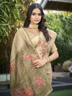 Tasrika Floral Print Bollywood Tissue Saree(Cream)