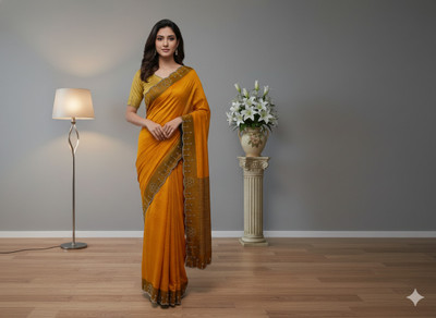 Sudev fashion Embellished Saree with Attached Blouse Net Saree(Mustard)