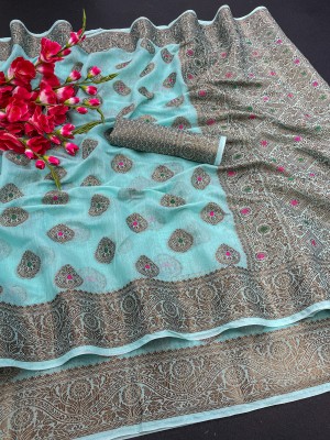 NIYAMI Printed, Self Design, Woven, Floral Print Banarasi Jacquard, Cotton Silk Saree(Light Blue)