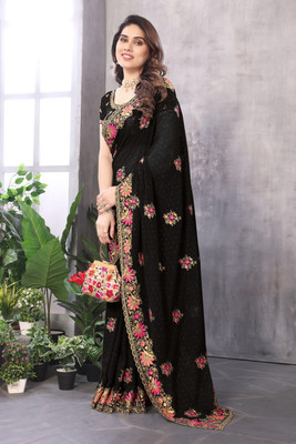 KB DESIGNER Embroidered, Floral Print, Embellished Bollywood Georgette Saree(Black)