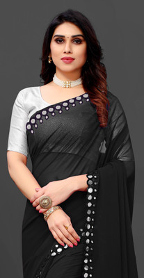 The Fashion Tax Embellished, Solid/Plain Banarasi Georgette Saree(Black)
