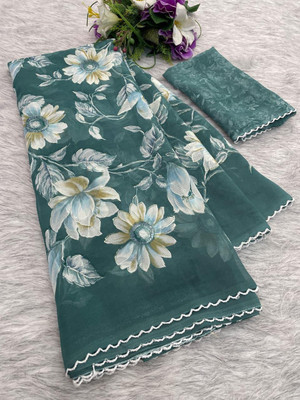 niesha fashion Floral Print Daily Wear Georgette Saree(Light Green)