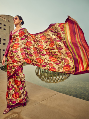 Divastri Printed Bollywood Satin, Silk Blend Saree(Beige)