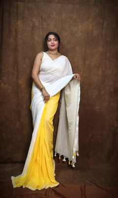 SAYAN CREATION Solid/Plain Handloom Pure Cotton Saree(Yellow)
