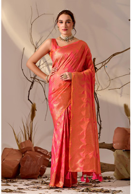 Kathavastra Dyed, Floral Print, Woven Banarasi Silk Blend Saree(Pink)