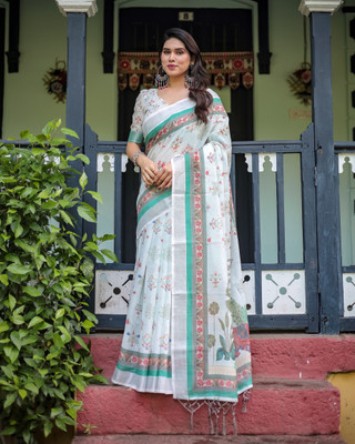 DHAYNAAND REEWA FASHION Floral Print Kanjivaram Linen Saree(White)
