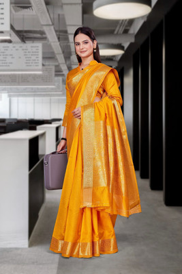 Feminista Self Design, Woven Daily Wear Cotton Silk Saree(Mustard)