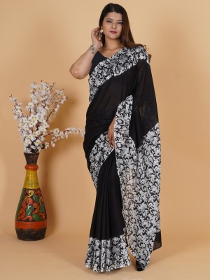 latest cotton mulmul saree Printed, Blocked Printed, Hand Painted Ikkat Pure Cotton Saree(Black)